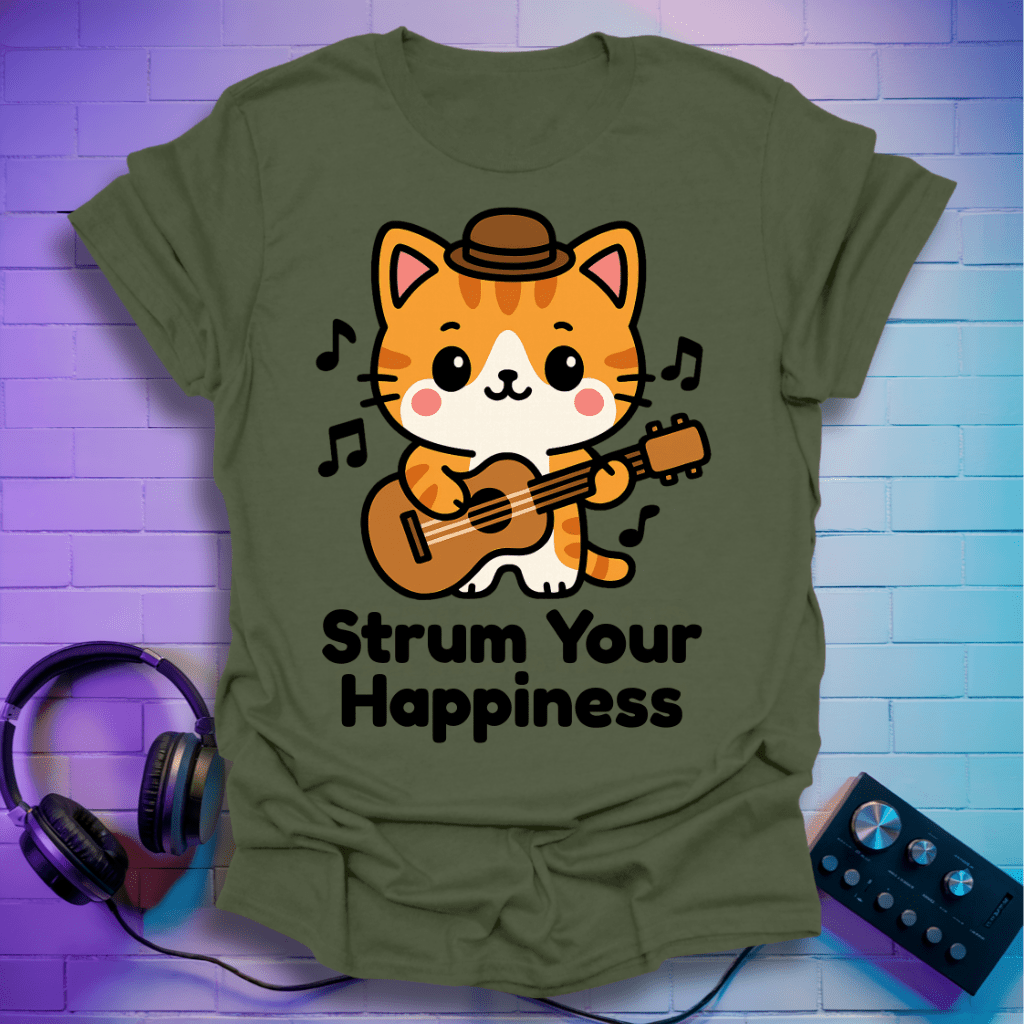 Strum Your Happiness – Cute Kawaii Cat Playing Guitar T-Shirt