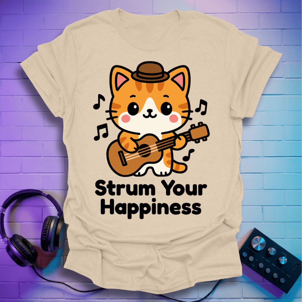 Strum Your Happiness – Cute Kawaii Cat Playing Guitar T-Shirt