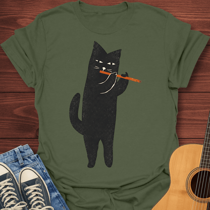 Black Cat Flute Player T-Shirt