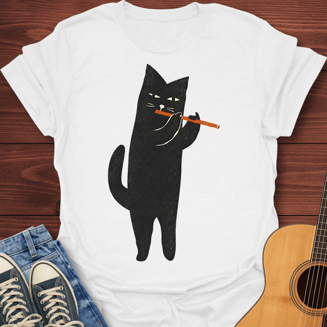 Black Cat Flute Player T-Shirt