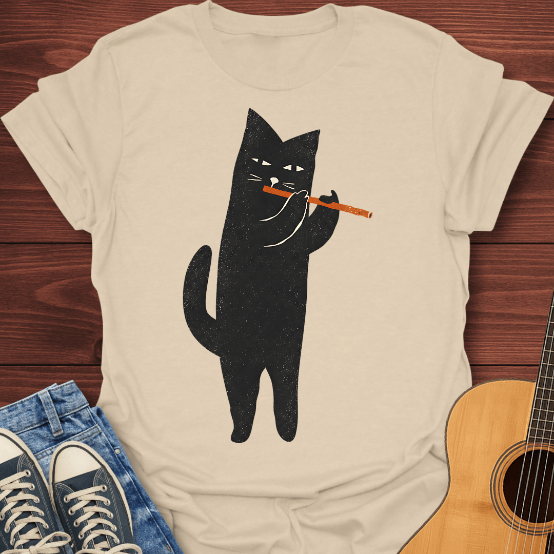 Black Cat Flute Player T-Shirt